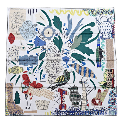 Hermes Silk La Maizeon Des Oiseaux Parleurs Scarf 90 White Blue Jean Vert 1 of 4