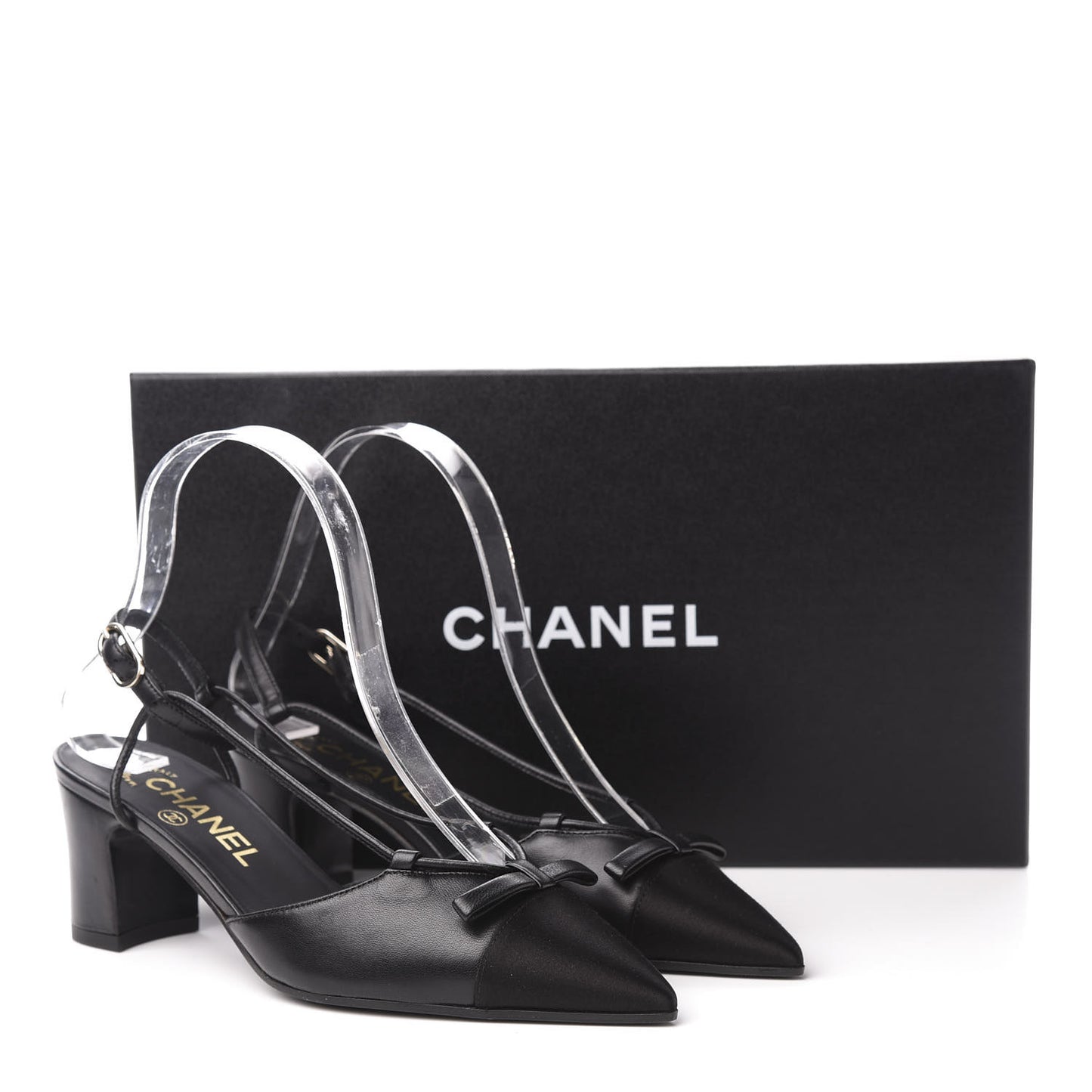 Lambskin Satin Slingback Cap Toe Bow Pumps 35.5 Black