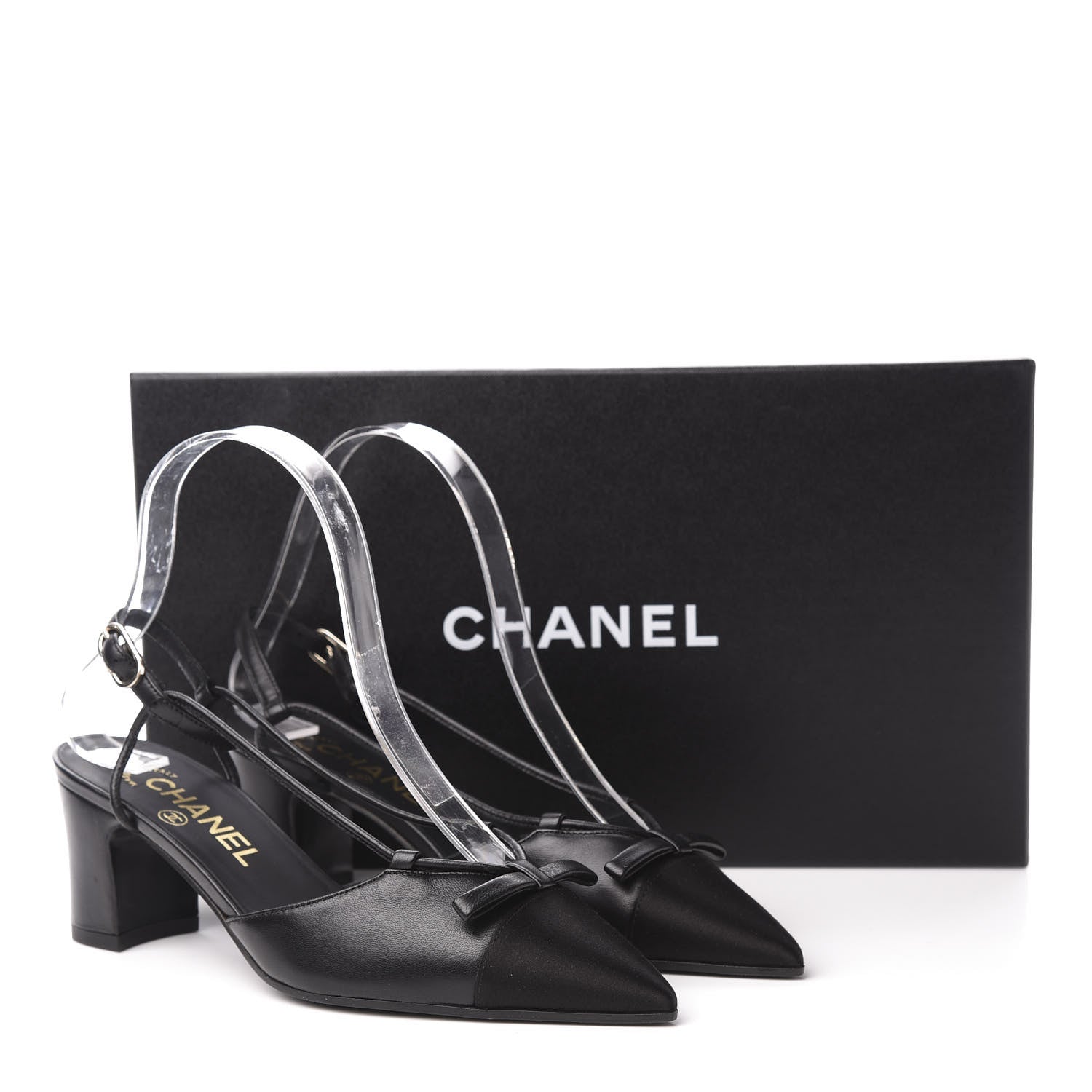 Chanel Lambskin Satin Slingback Cap Toe Bow Pumps 35.5 Black 11 of 11