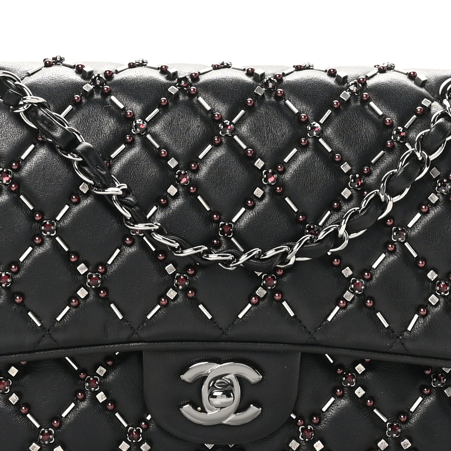 Lambskin Quilted Beaded Medium Double Flap Black