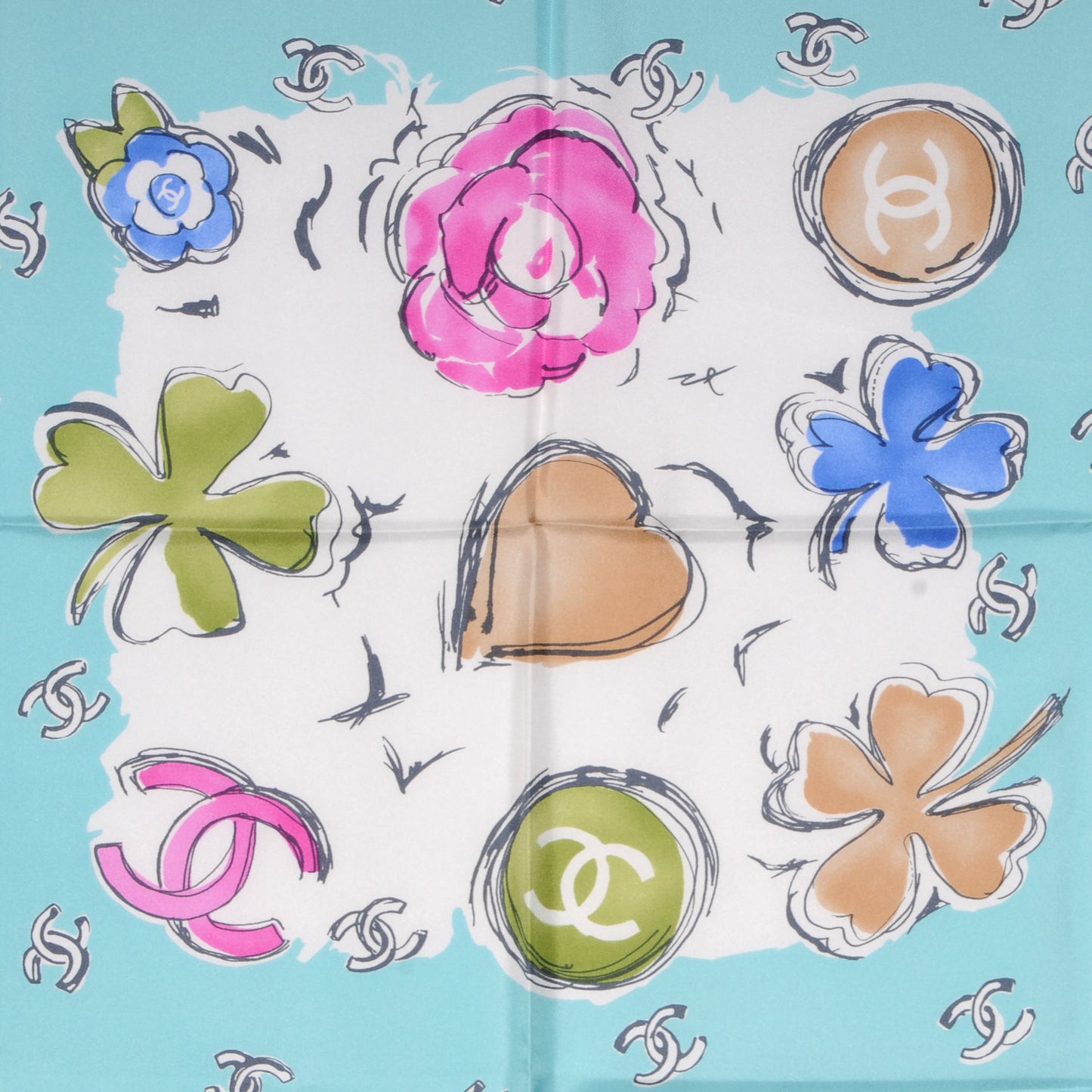 Silk CC Camellia Clover Heart Scarf Blue