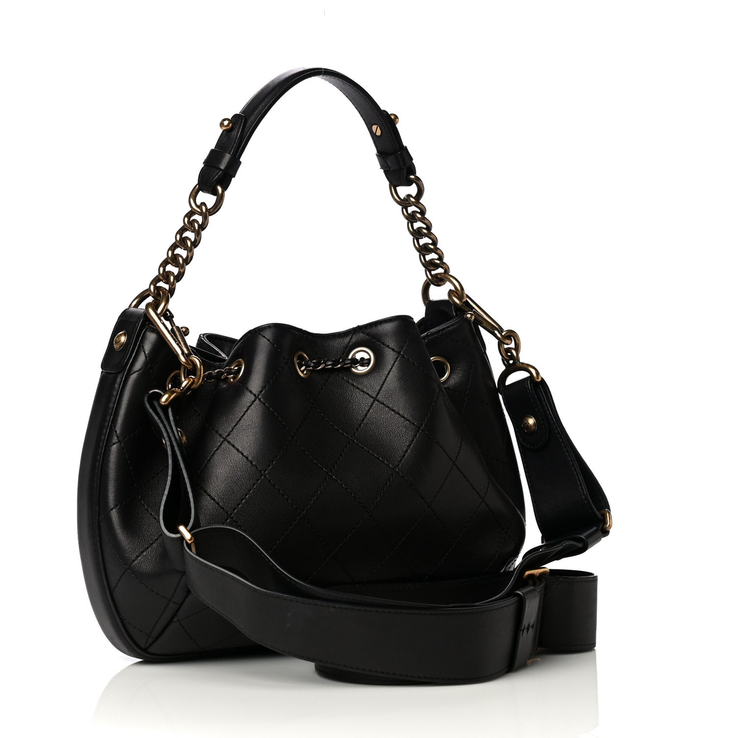 Calfskin Stitched Small Paris Rome Drawstring CC Bag Black
