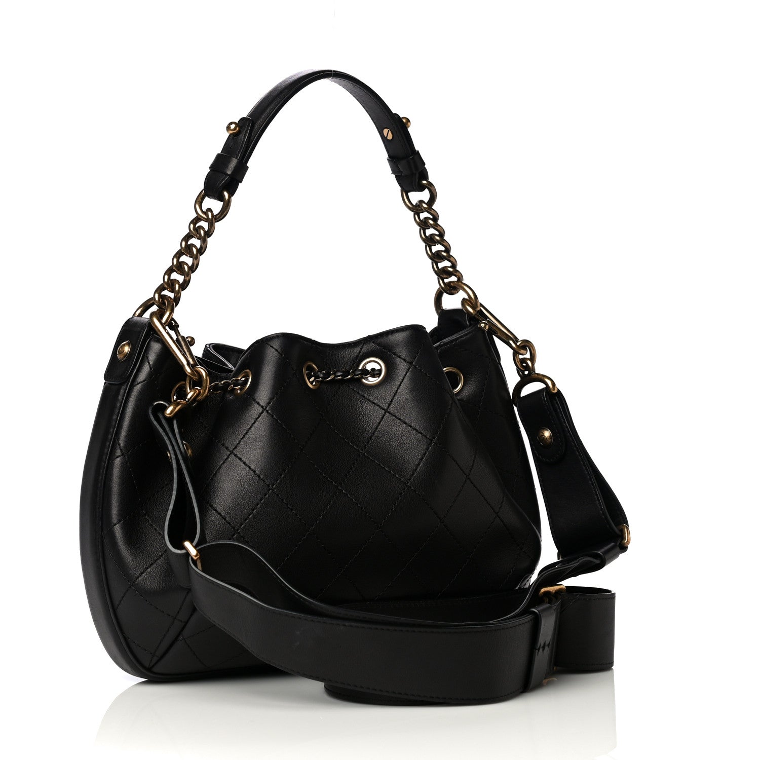 Chanel Calfskin Stitched Small Paris Rome Drawstring CC Bag Black 3 of 17