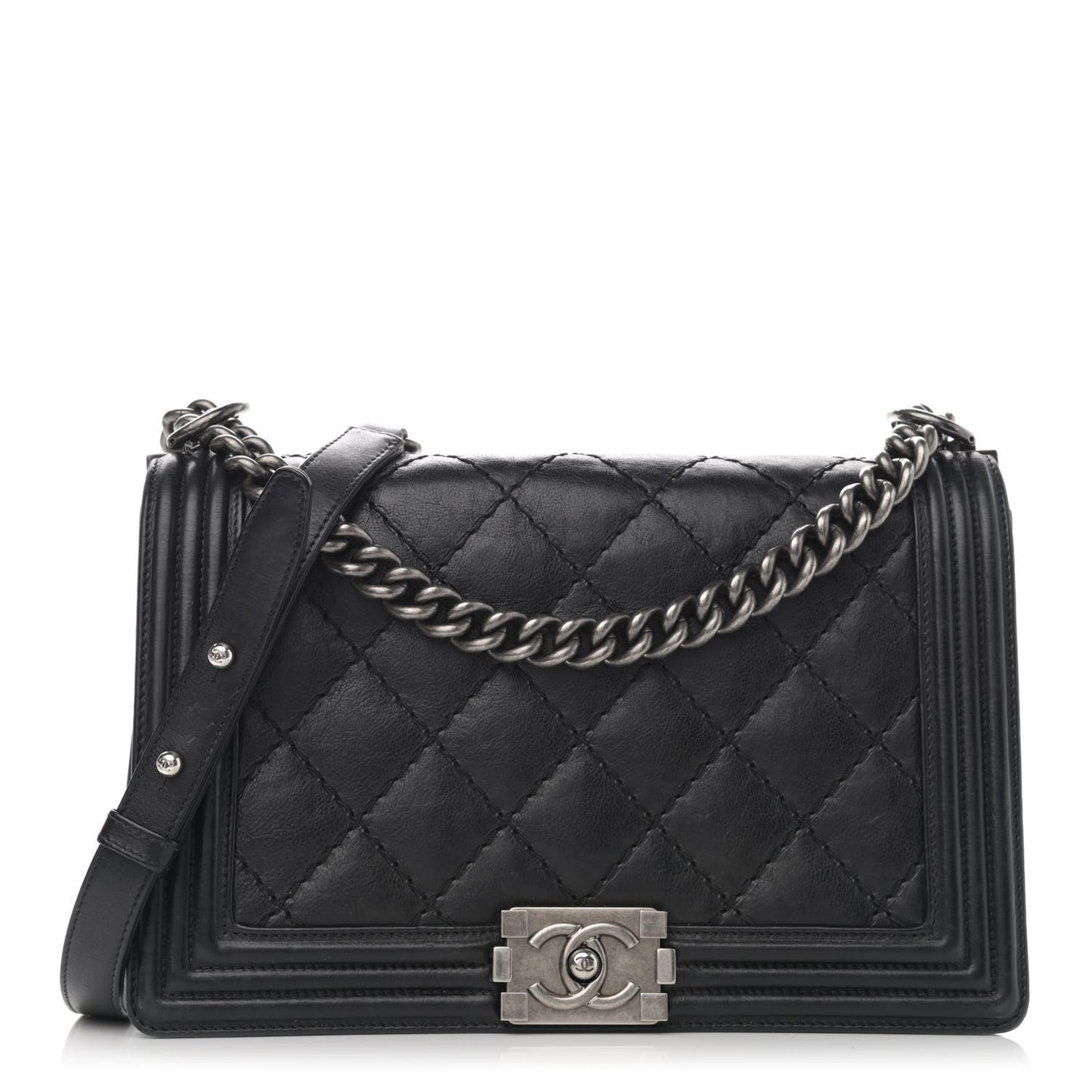 Calfskin Quilted Double Stitch New Medium Boy Flap Black