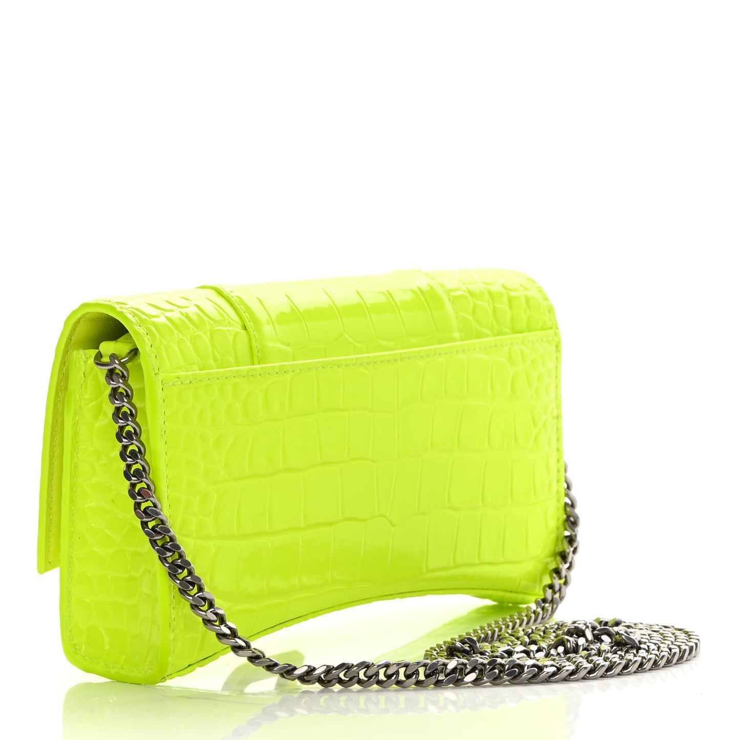 Shiny Calfskin Crocodile Embossed Hourglass Chain Bag Fluo Yellow