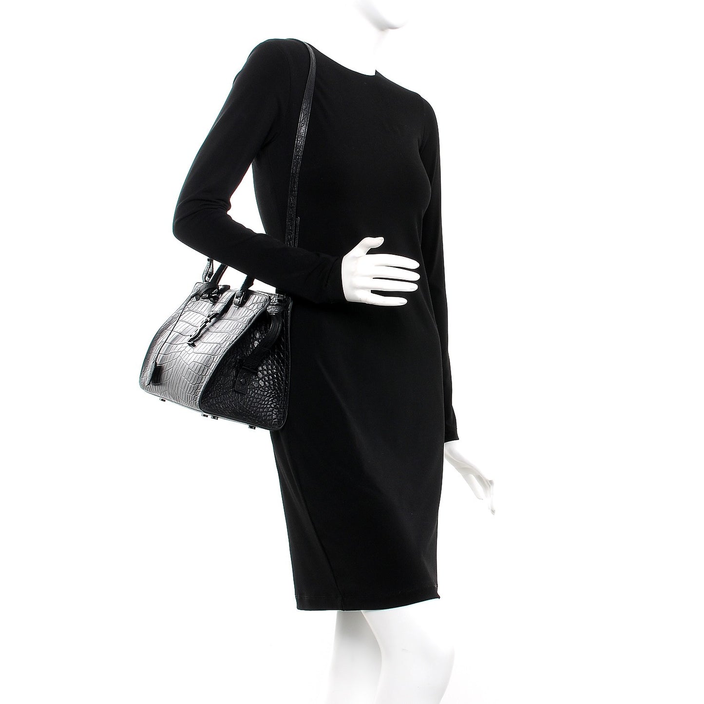 Calfskin Crocodile Embossed Small Monogram Cabas Black