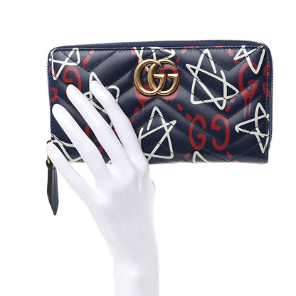 Gucci Calfskin Matelasse GucciGhost GG Marmont Zip Around Wallet Blue Agata Hibiscus Red 2 of 11