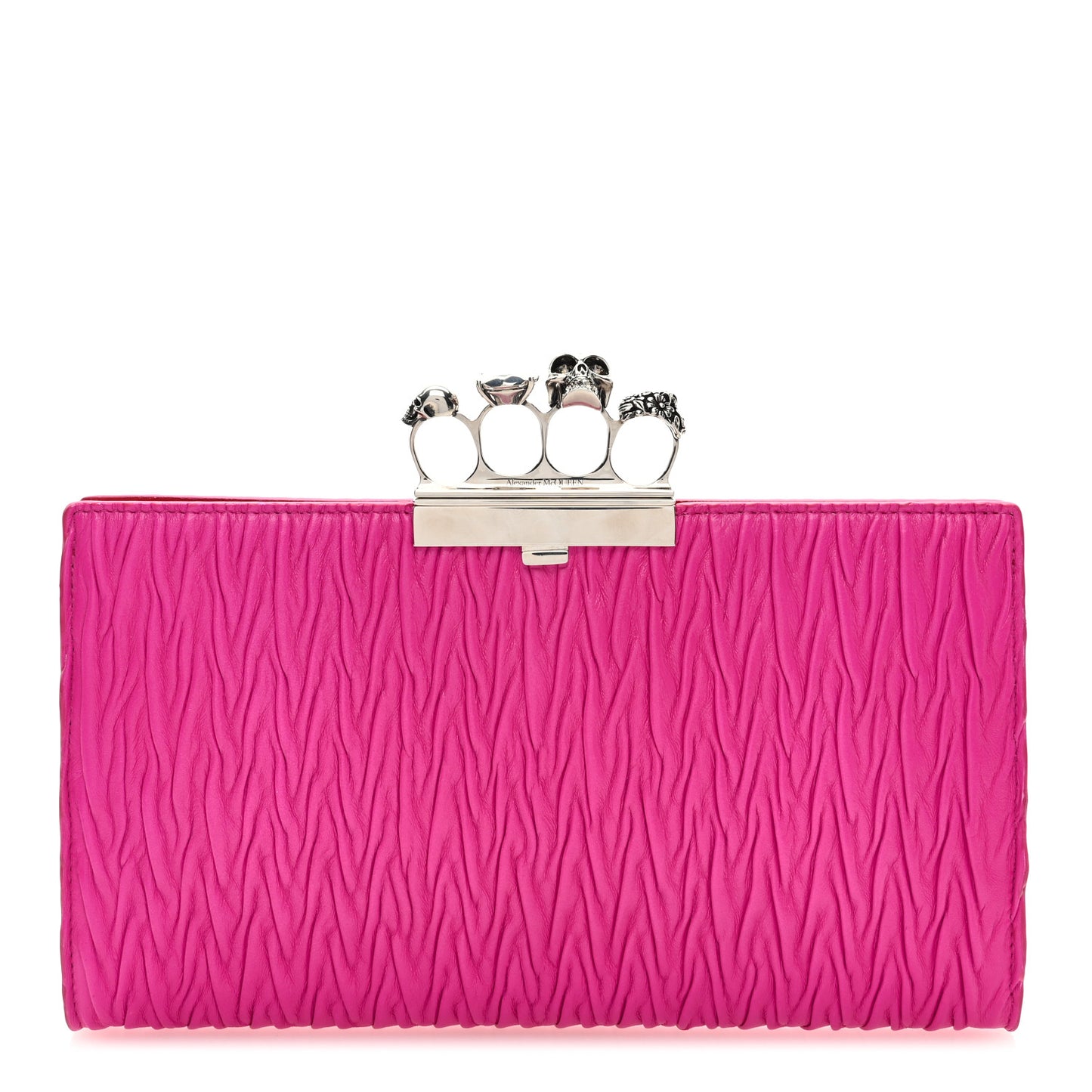 Lambskin Pleated Skull Knuckle Clutch Fuschia