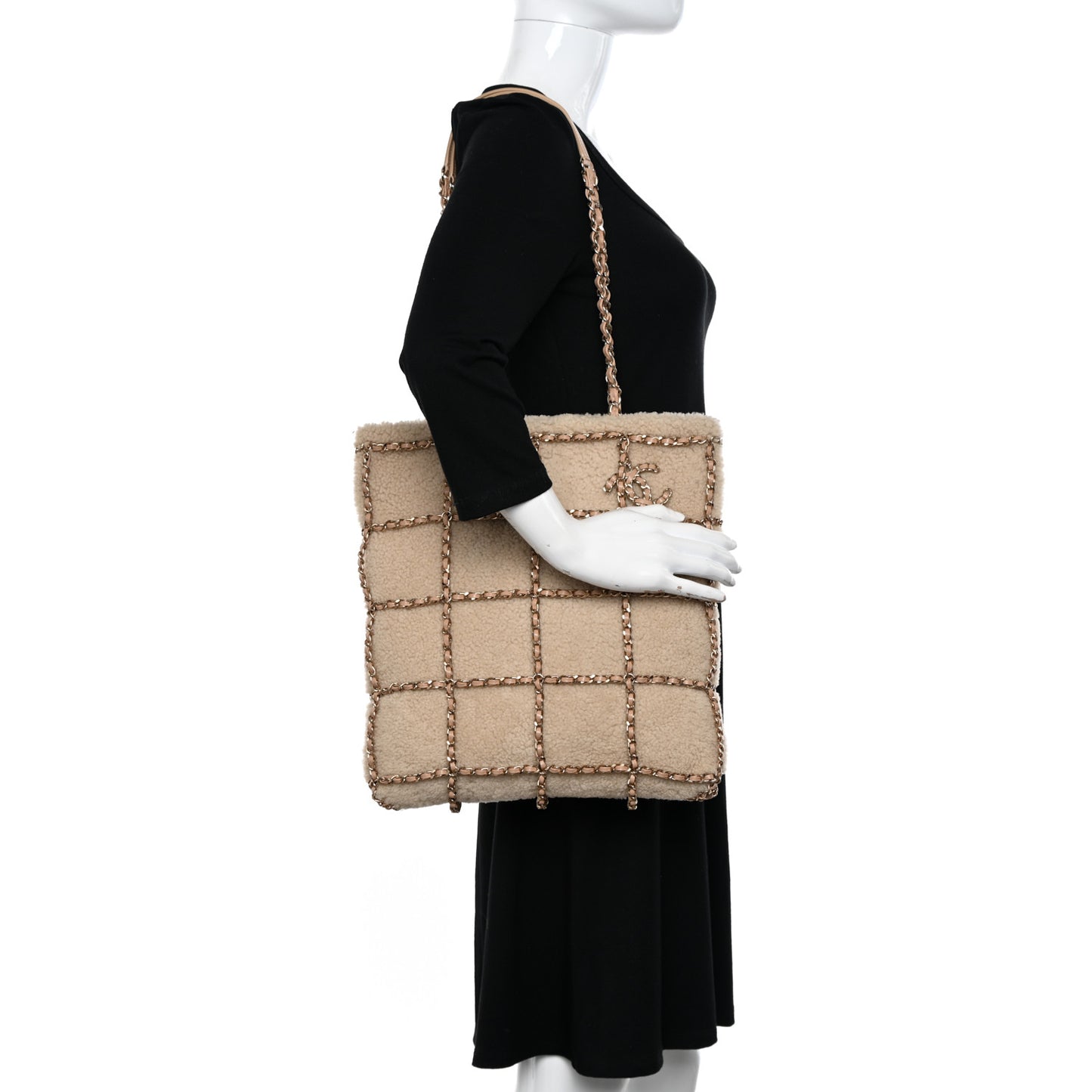 Shearling Small Shopping Chain Bag Beige