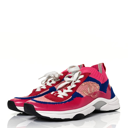 Chanel Fabric Suede Calfskin Stretch CC Sneakers 38 Pink Red Blue 3 of 10