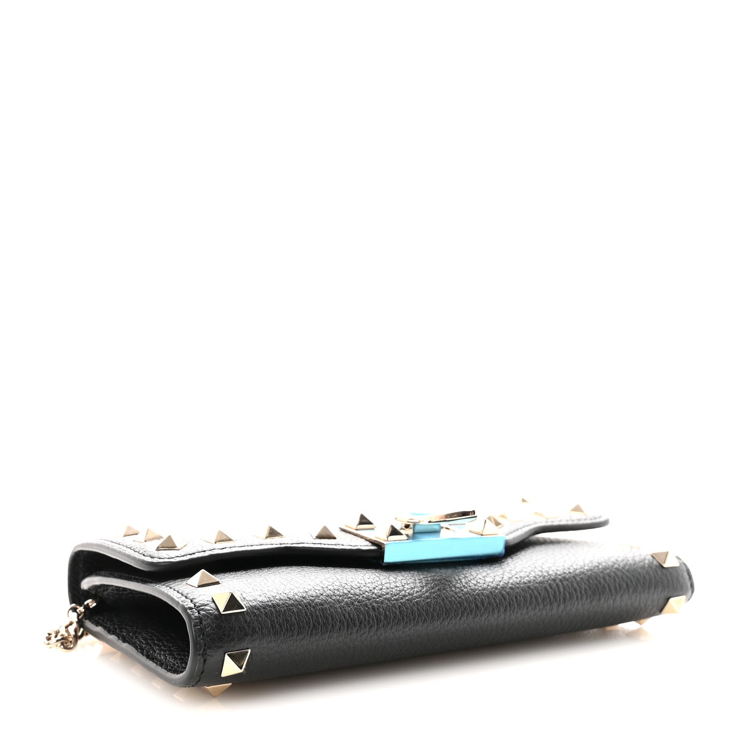 Valentino Garavani Pebbled Calfskin Rockstud Flip Lock Wallet On Chain Black 4 of 10