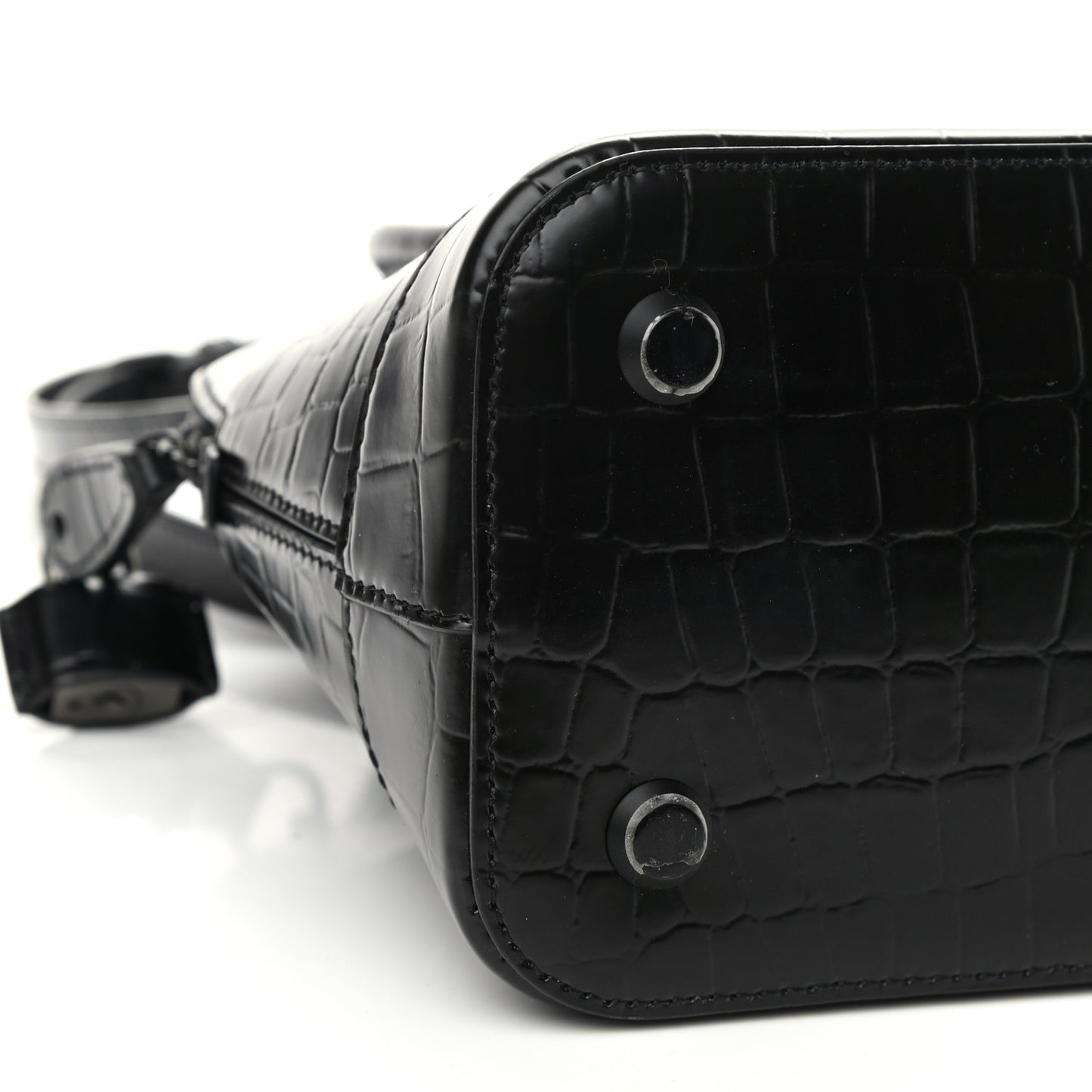 Calfskin Crocodile Embossed S Rivet Ville Top Handle Bag Black