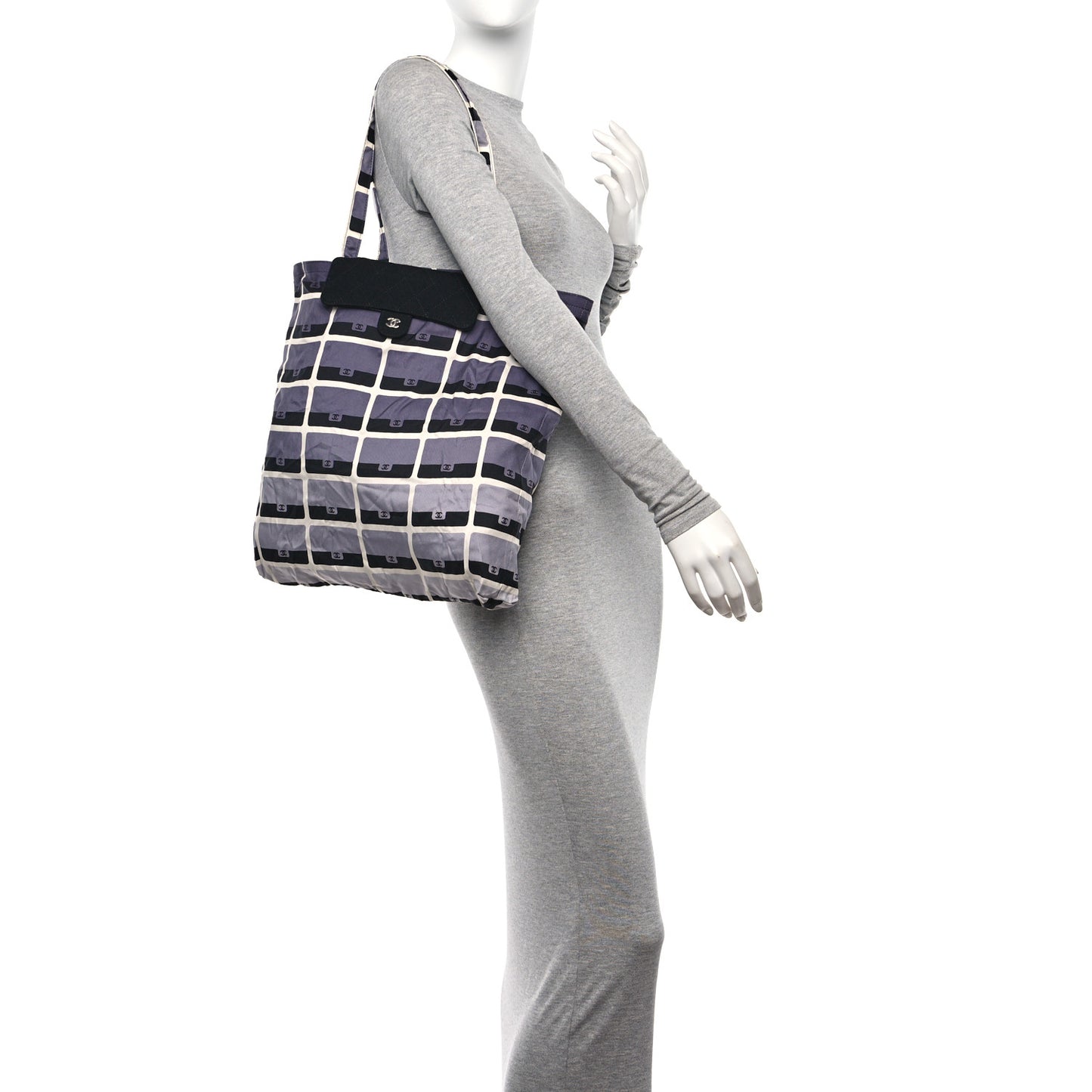 Jersey Fabric Quilted Foldable Tote With Chain Black Multicolor
