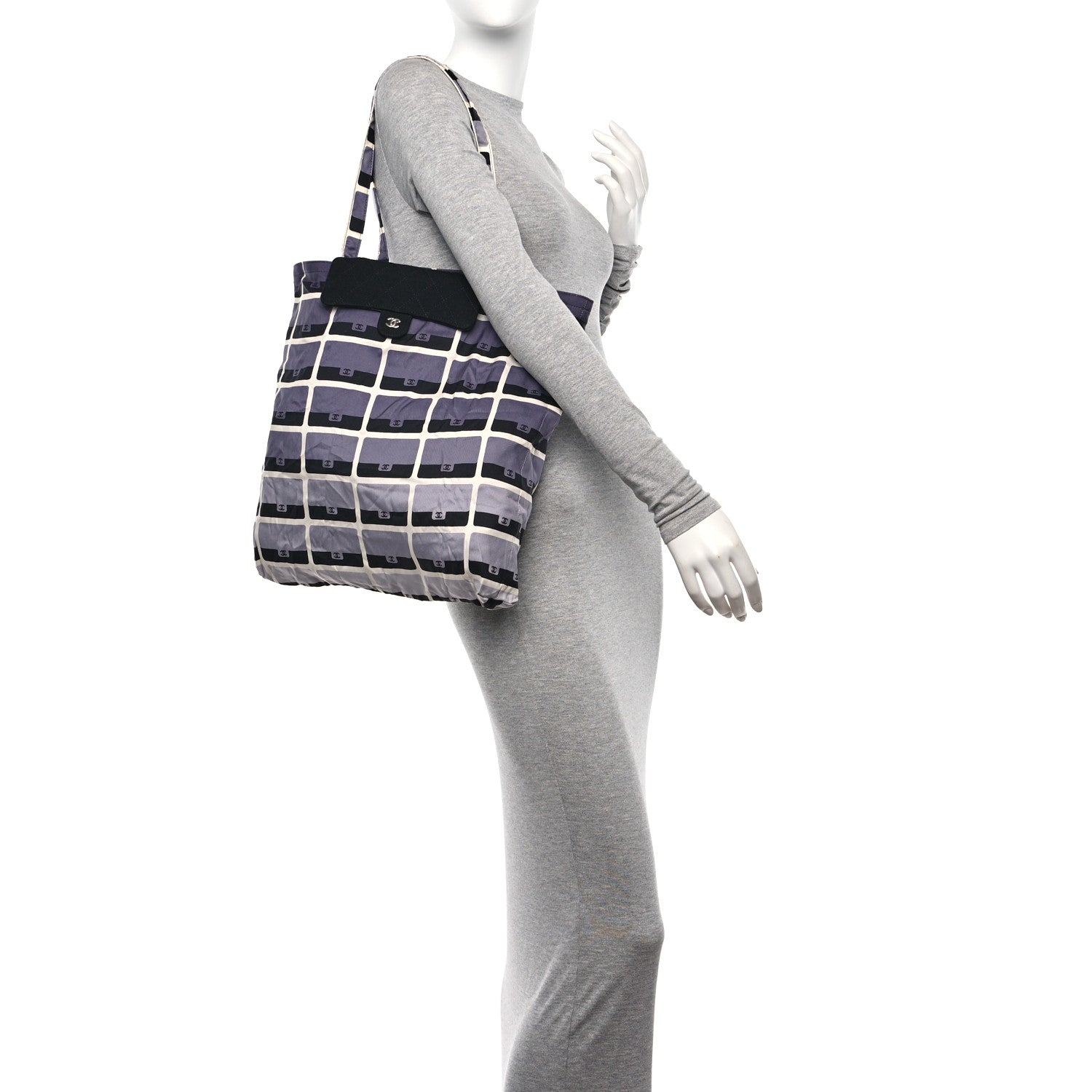 Chanel Jersey Fabric Quilted Foldable Tote With Chain Black Multicolor 2 of 14