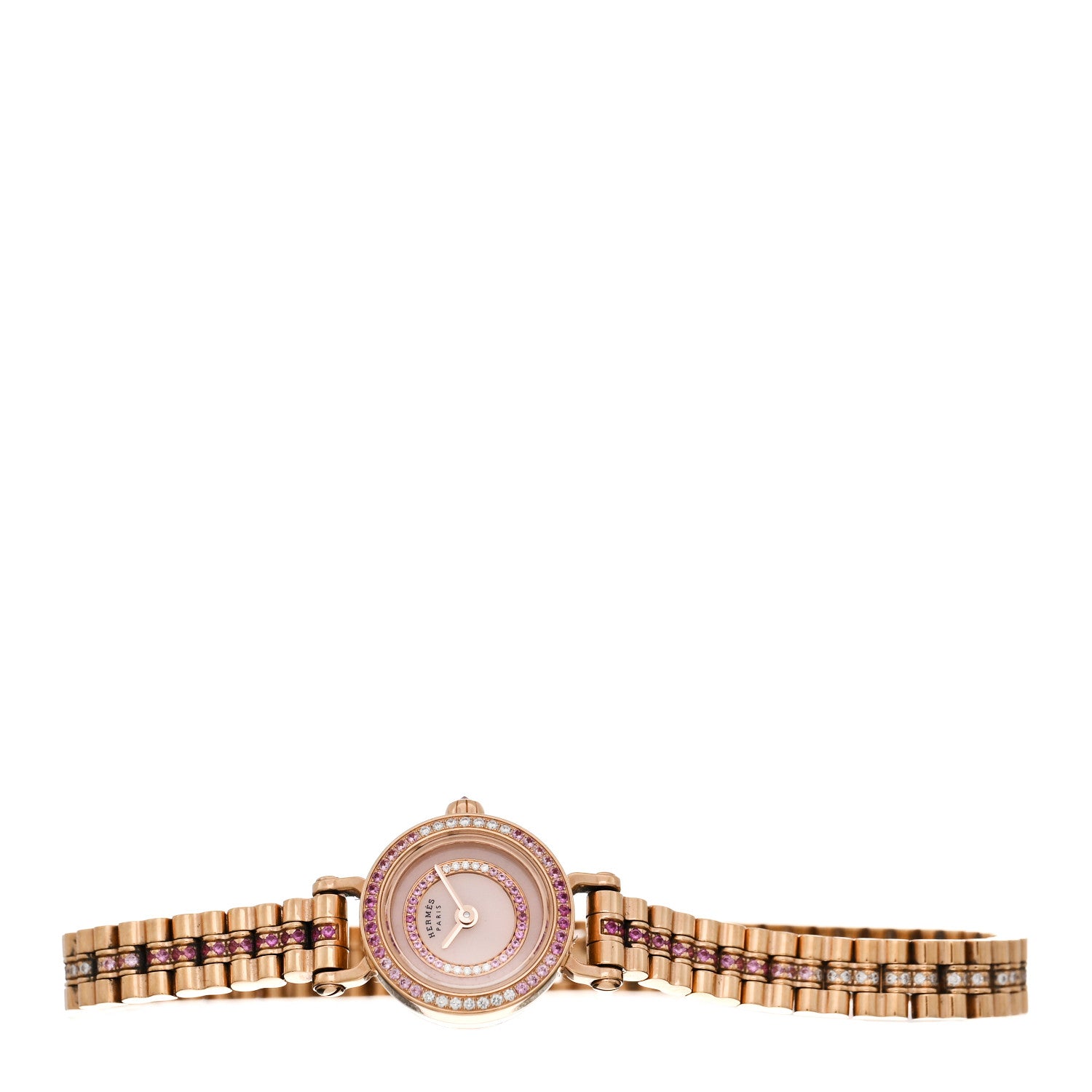 Hermes 18K Rose Gold Diamond Pink Sapphire 16mm Faubourg Quartz Watch 2 of 5