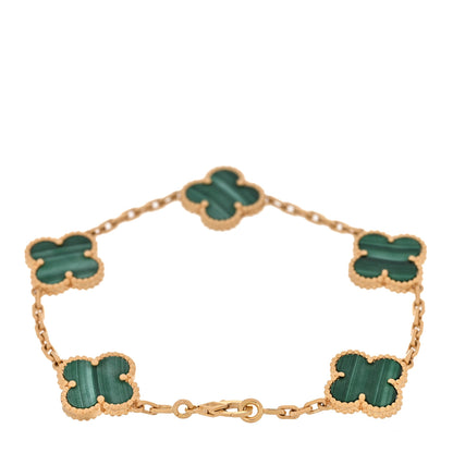 Van Cleef & Arpels 18K Yellow Gold Malachite 5 Motifs Vintage Alhambra Bracelet 2 of 11