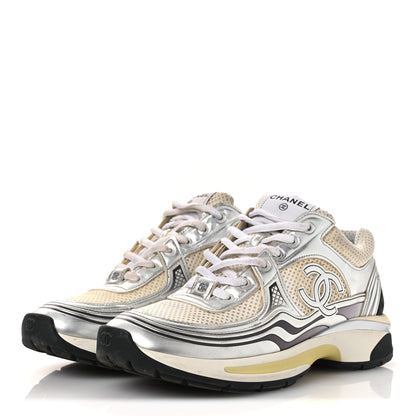 Chanel Fabric Laminated Calfskin Stretch CC Womens Sneakers 38.5 White Gold Silver 4 of 15