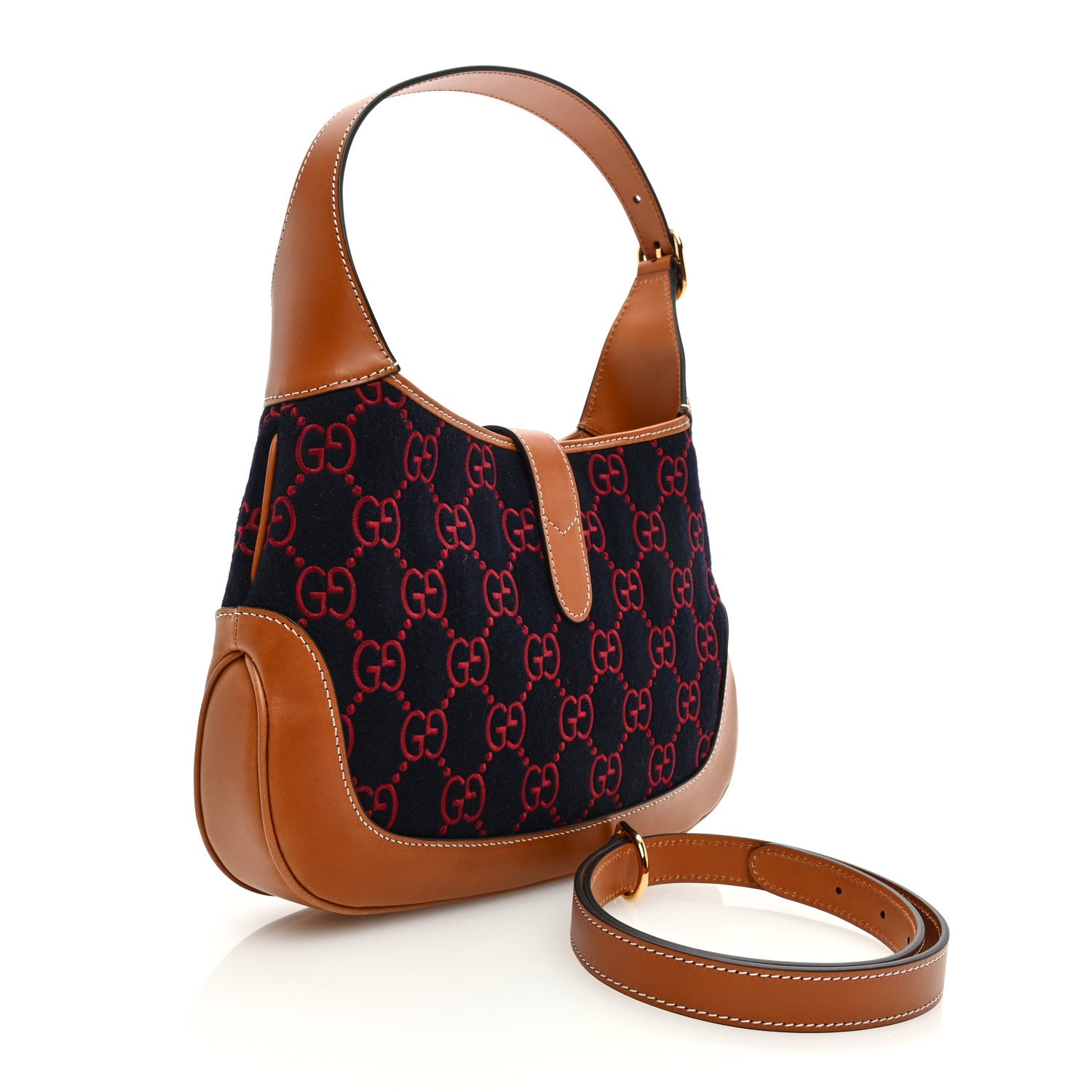 Gucci Monogram Felt Azalea Calfskin Web Small Jackie 1961 Hobo Navy Burgundy 2 of 8