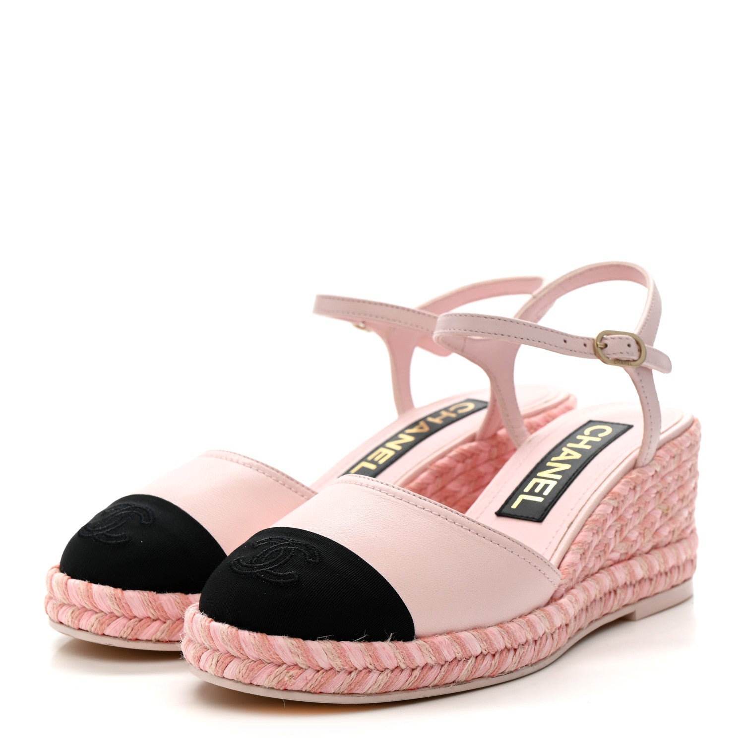 Chanel Lambskin Grosgrain CC Espadrilles Wedges 35 Pink Black 4 of 10