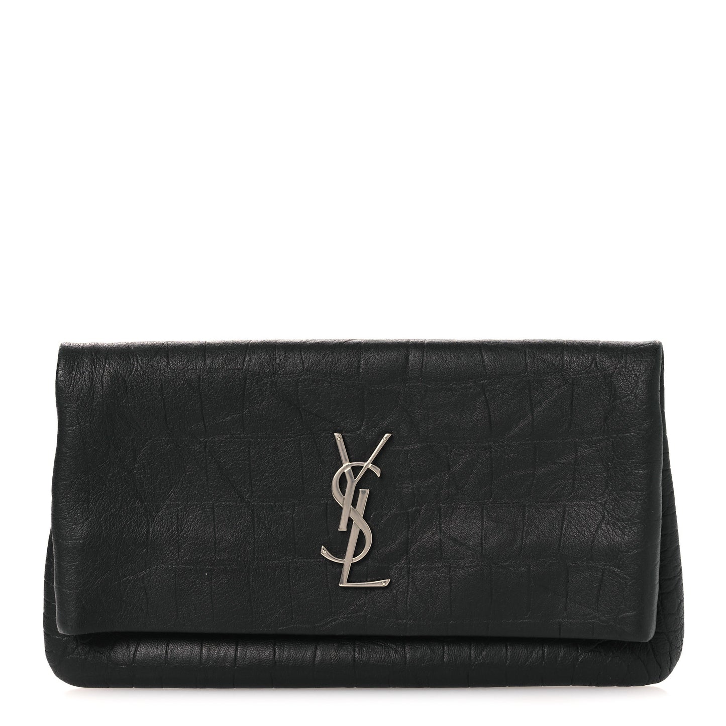 Calfskin Crocodile Embossed West Hollywood Monogram Fold Over Clutch Black