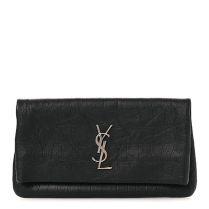 Saint Laurent Calfskin Crocodile Embossed West Hollywood Monogram Fold Over Clutch Black 1 of 8