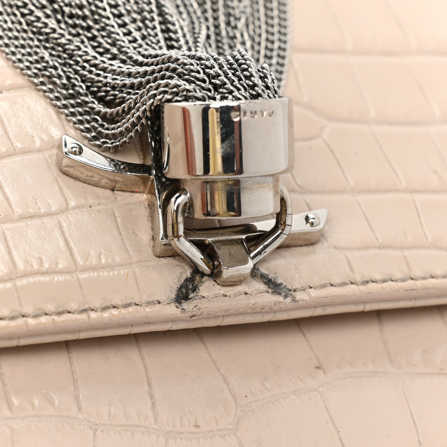 Calfskin Crocodile Embossed Small Classic Monogram Kate Tassel Satchel Crema Soft