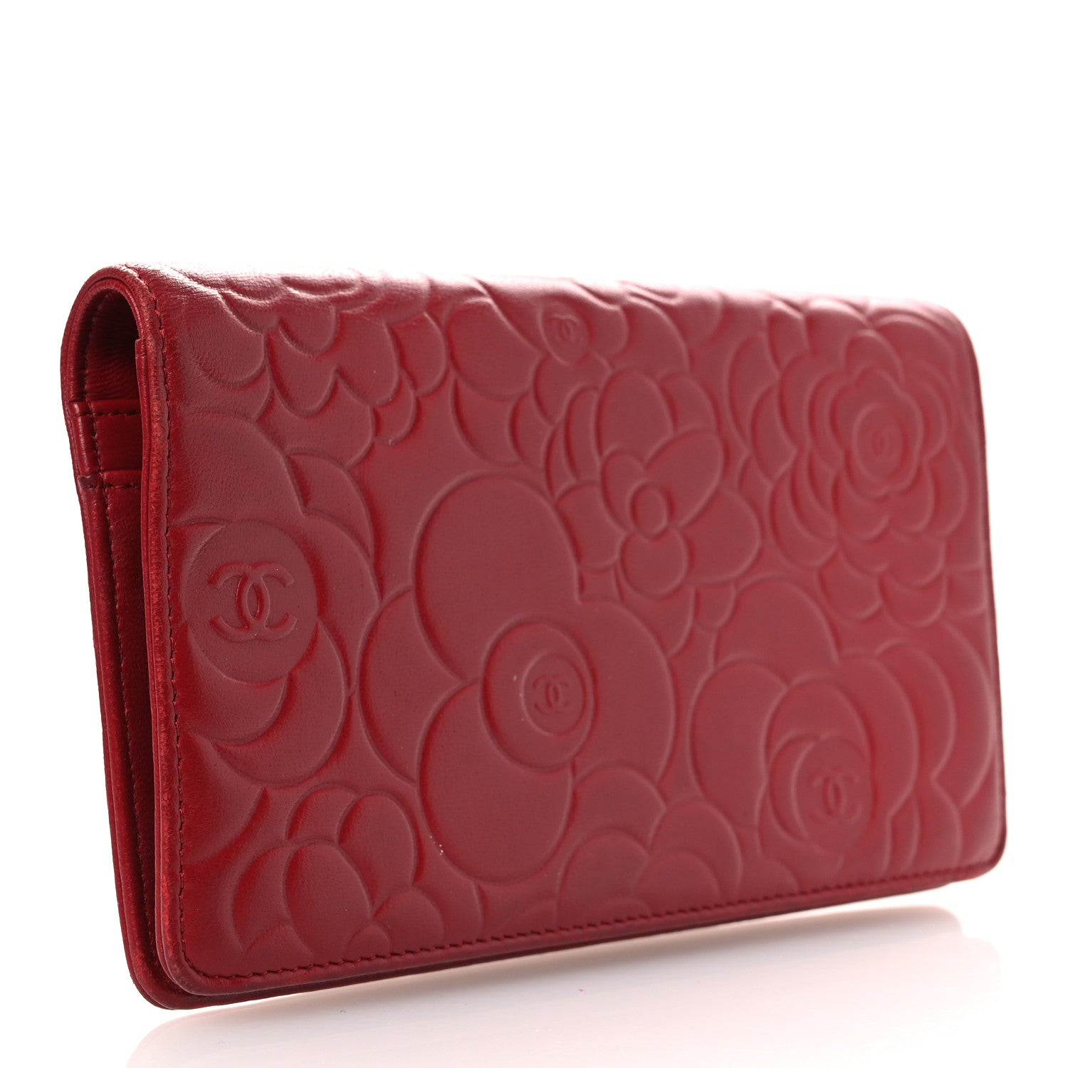 Chanel Lambskin Camellia Embossed Yen Wallet Dark Red 3 of 9