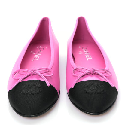 Chanel Lambskin Grosgrain Cap Toe CC Ballerina Flats 38 Pink Black 2 of 8