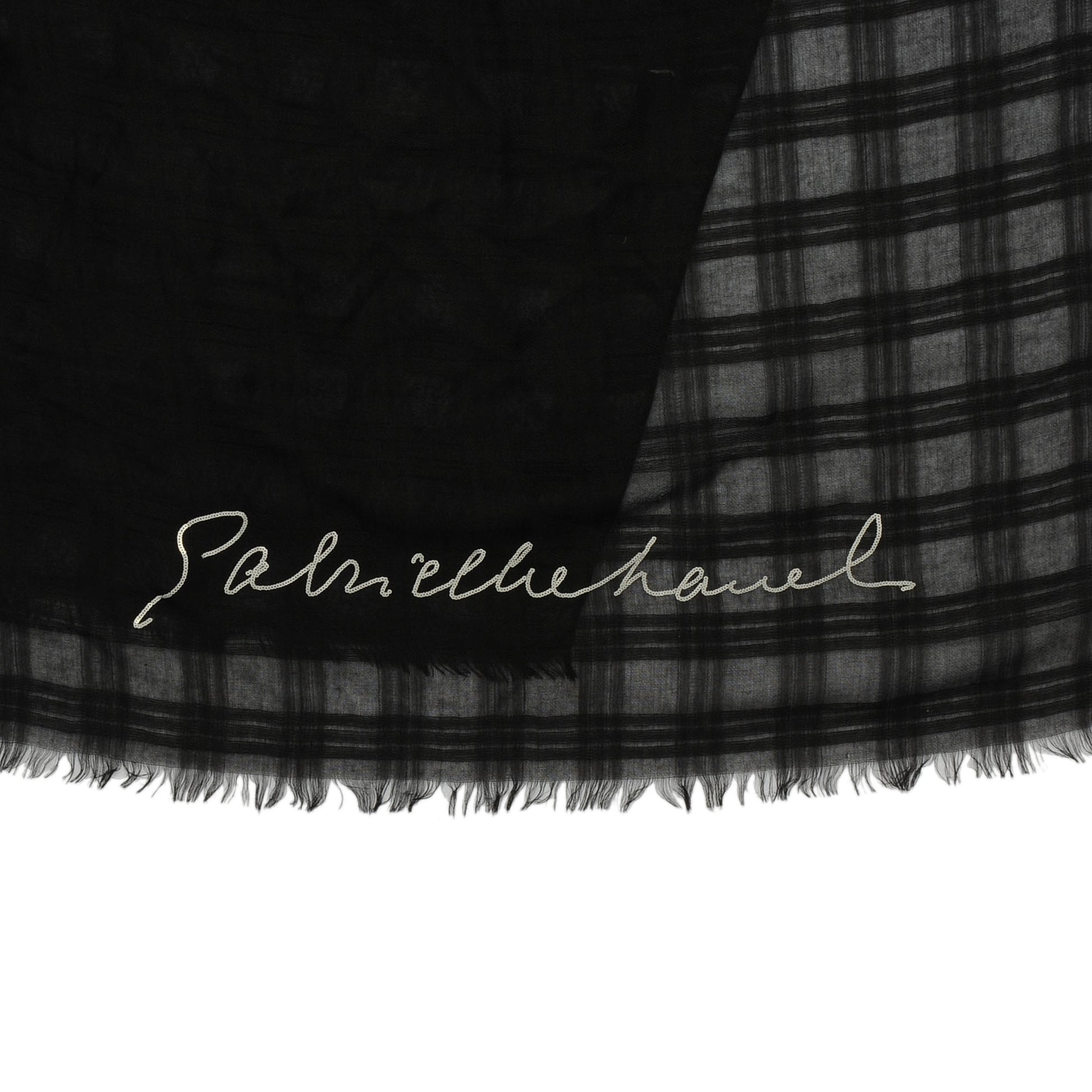 Chanel Cashmere Silk Sequins Plaid Logo Scarf Shawl Black White 5 of 7