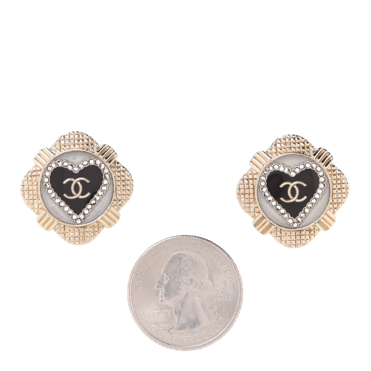 Resin Crystal Quilted CC Heart Earrings Gold Black