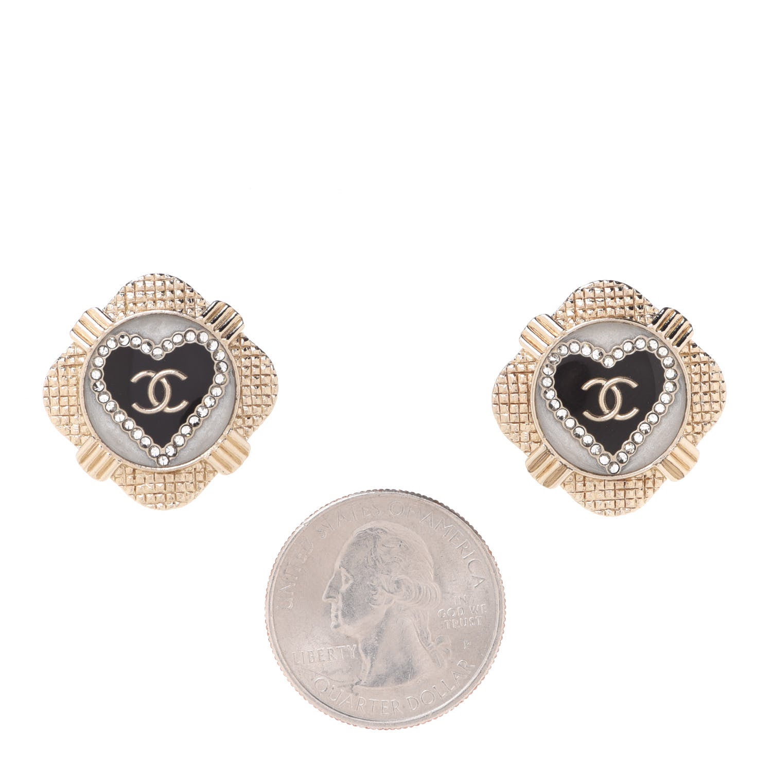 Chanel Resin Crystal Quilted CC Heart Earrings Gold Black 2 of 5