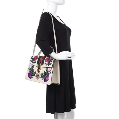 Gucci Calfskin Embroidered Medium Sylvie Top Handle Bag White 2 of 10