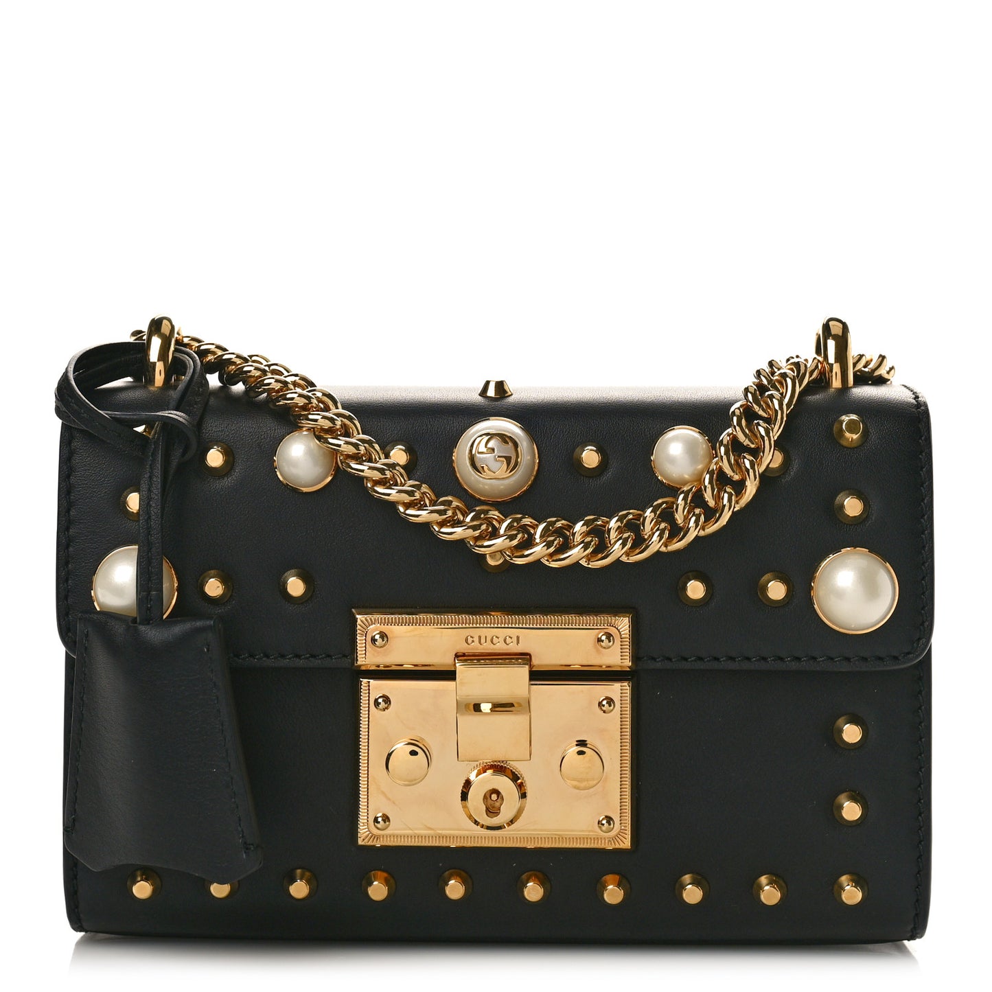 Calfskin Studded Small Padlock Shoulder Bag Black
