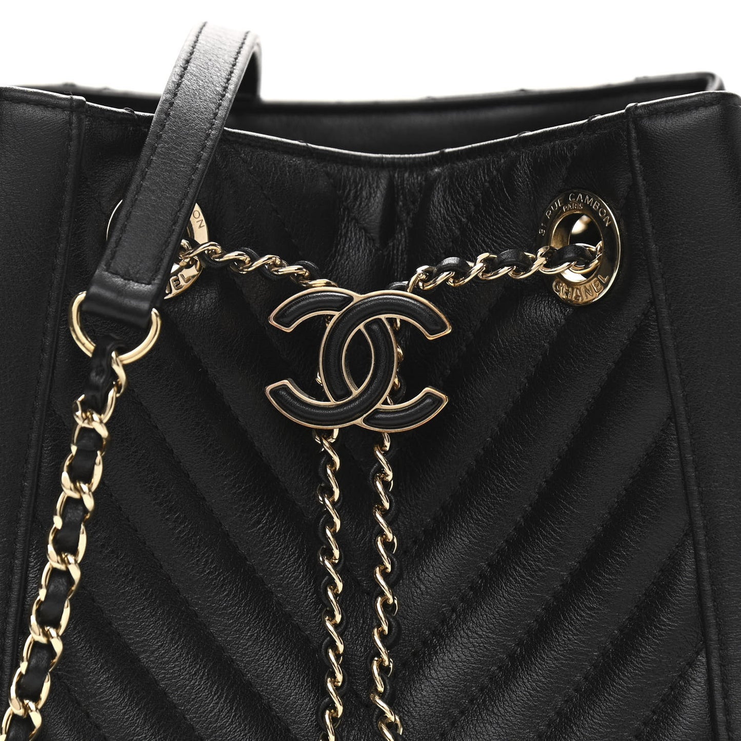 Calfskin Quilted Daily Chevron Drawstring Bag Black