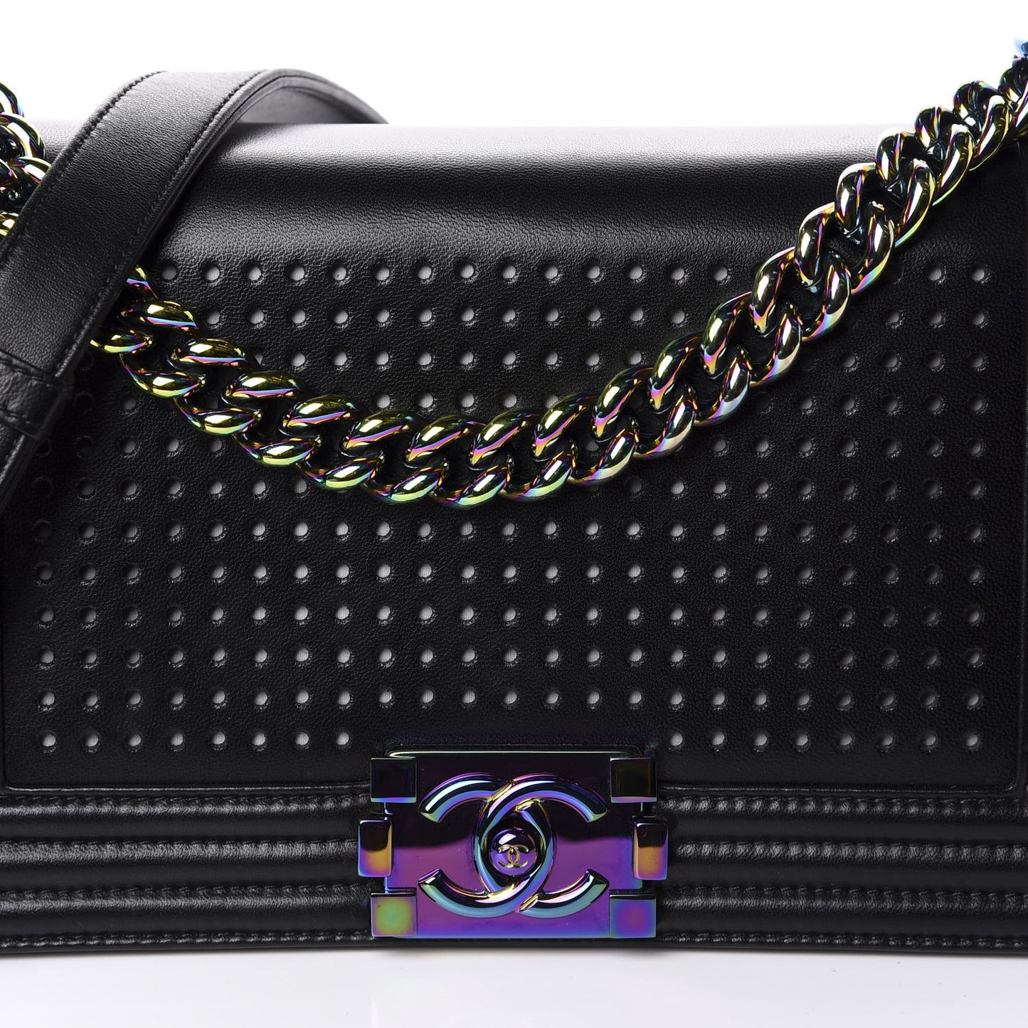 Lambskin LED Iridescent Metal Medium Boy Flap Black Multicolor