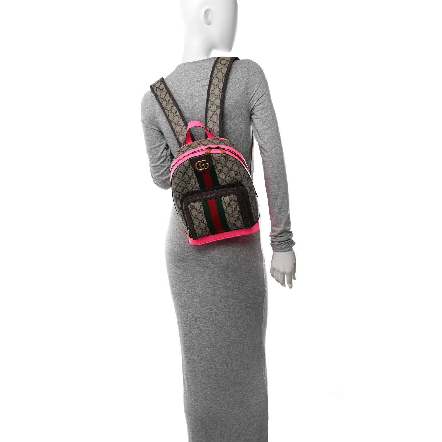 Gucci GG Supreme Monogram Textured Dollar Calfskin Web Small Ophidia Day Backpack Beige Ebony Fluorescent Fuchsia 2 of 10