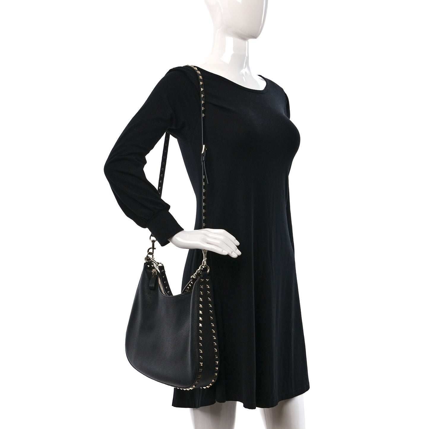 Grained Calfskin Rockstud Hobo Bag Black