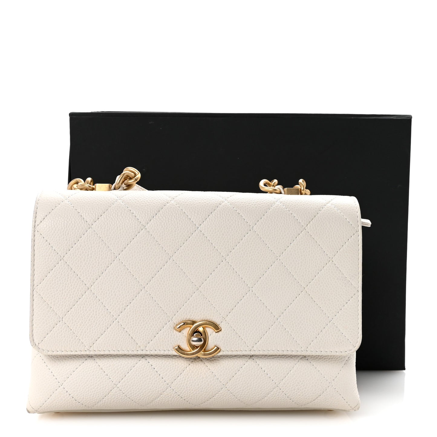 Grained Calfskin Small Stitched Flap White