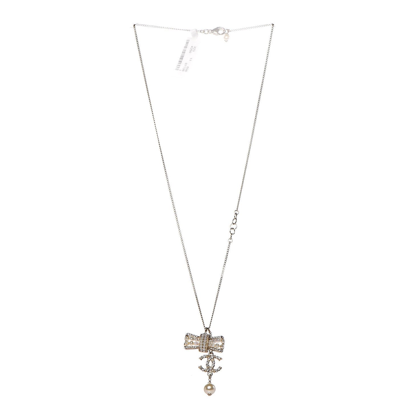 Crystal Pearl CC Bow Necklace Gold