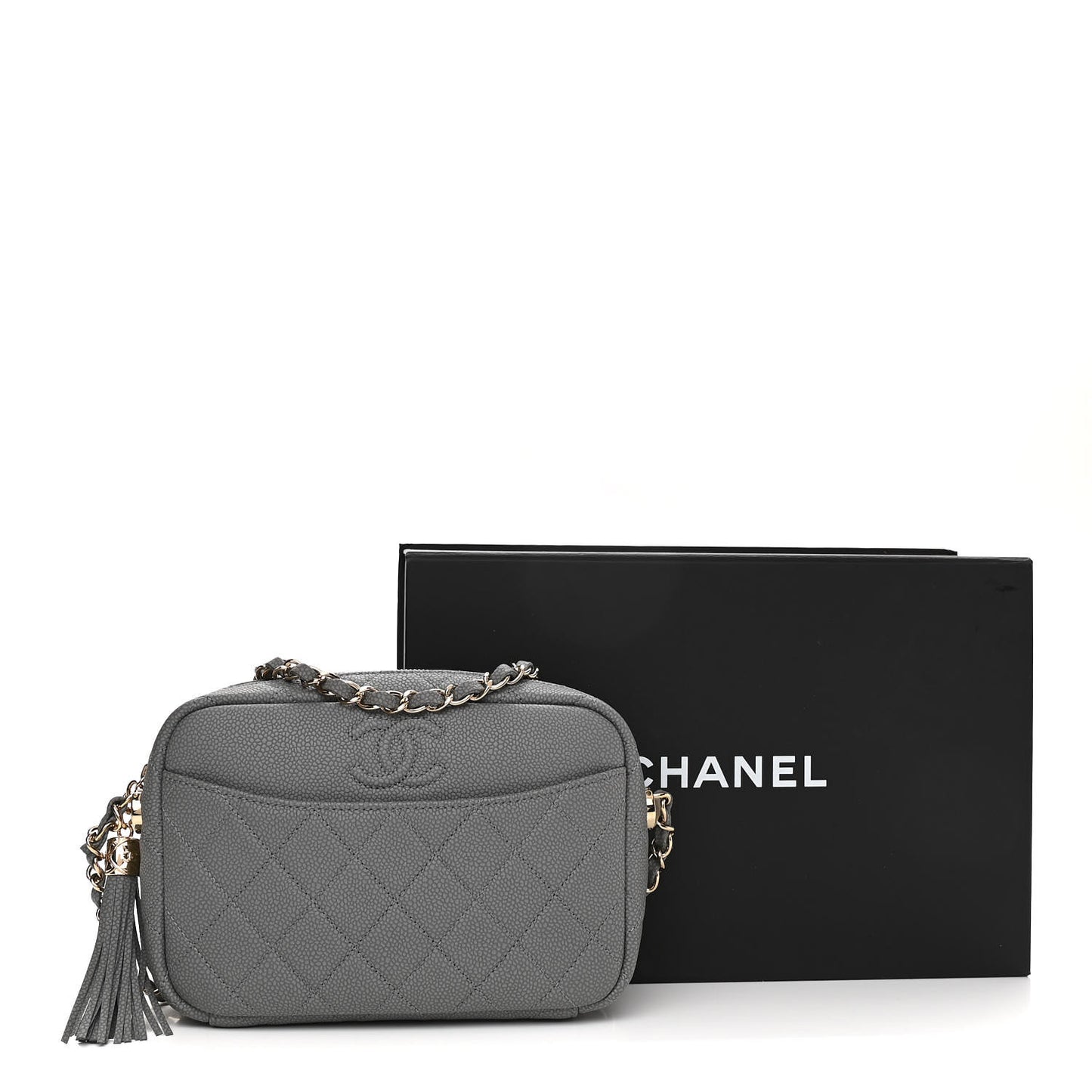 Iridescent Caviar Flat Quilted Small Coco Tassel Camera Case Grey