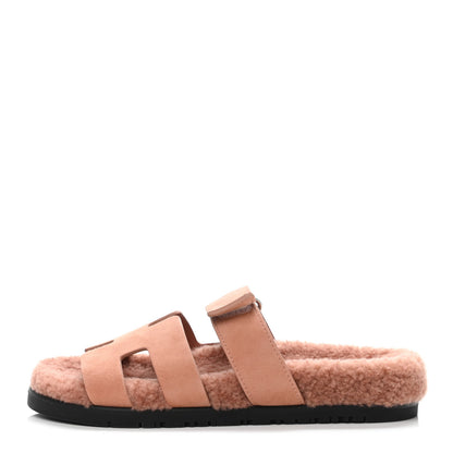 Hermes Suede Goatskin Woolskin Womens Chypre Sandals 37 Rose Aube 1 of 4