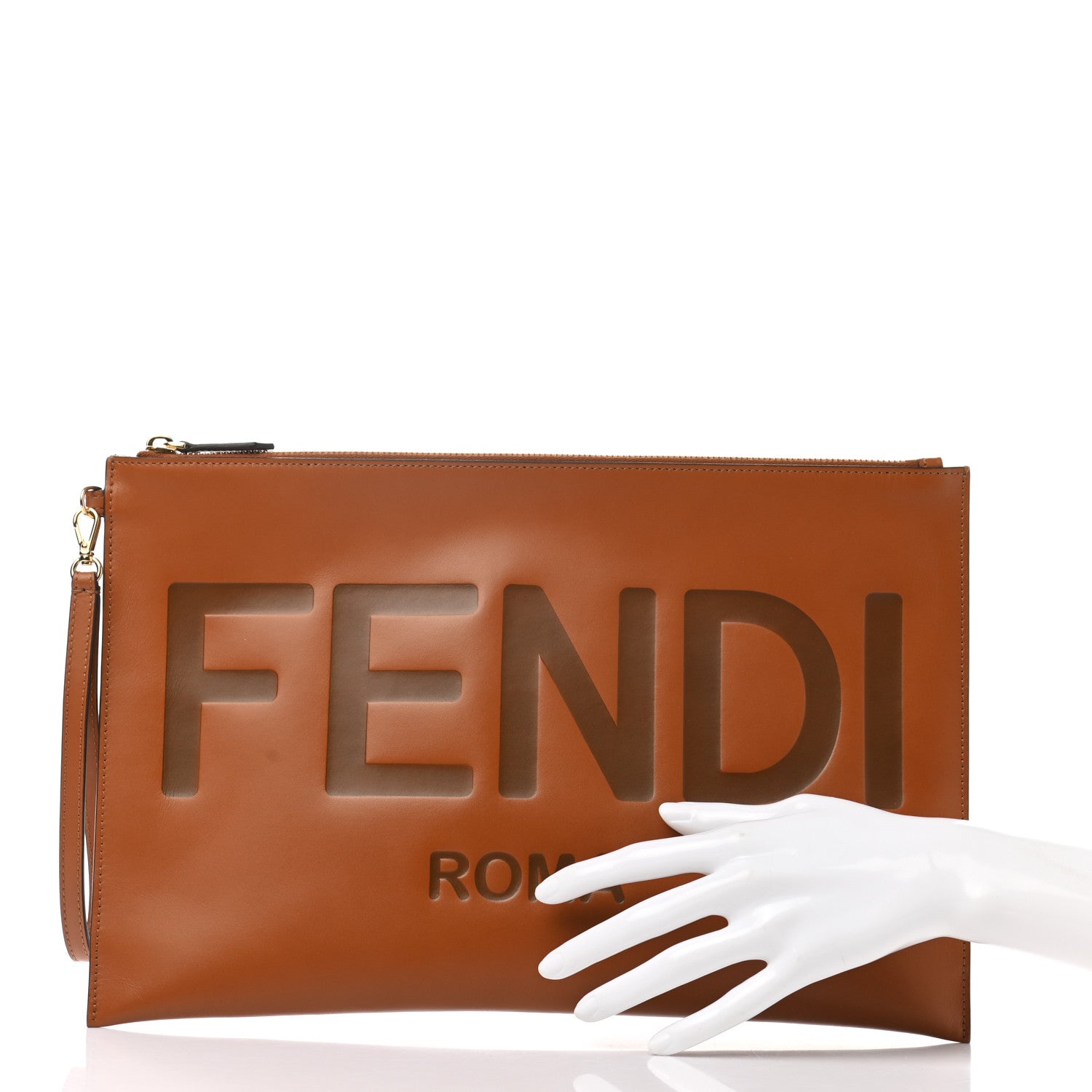 Fendi Vitello King Logo Embossed Large Flat Pouch Cuoio 2 of 8