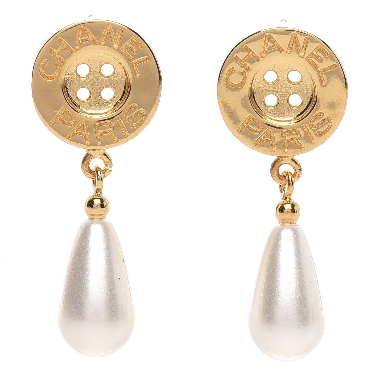 Chanel Metal Pearl Paris Button Drop Earrings Gold 1 of 5