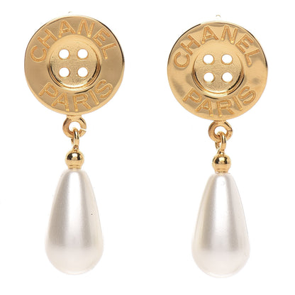 Chanel Metal Pearl Paris Button Drop Earrings Gold 1 of 5
