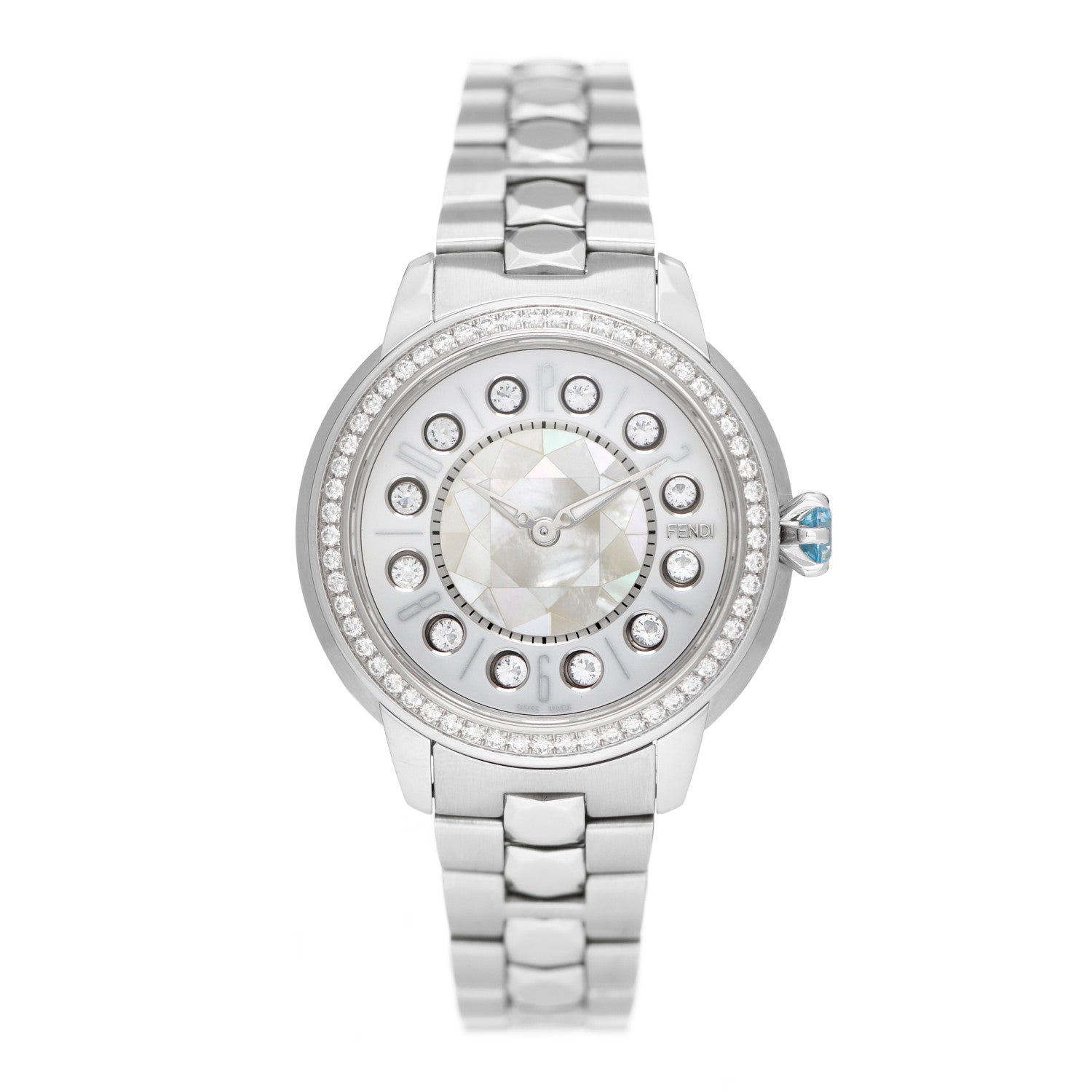 Fendi Stainless Steel Diamond Bezel Mother of Pearl Topaz 34mm Crazy Carats Quartz Watch 1 of 7