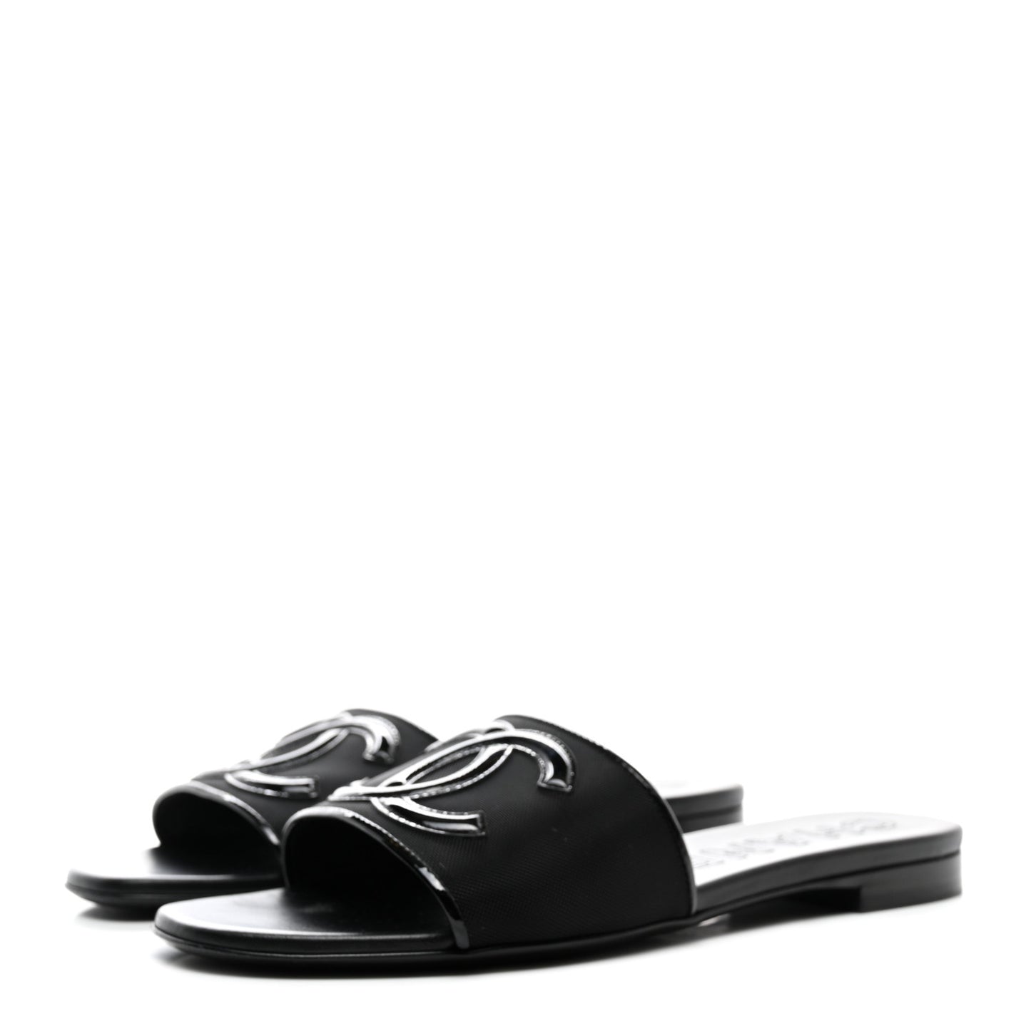 Mesh Patent Calfskin CC Mules 38 Black
