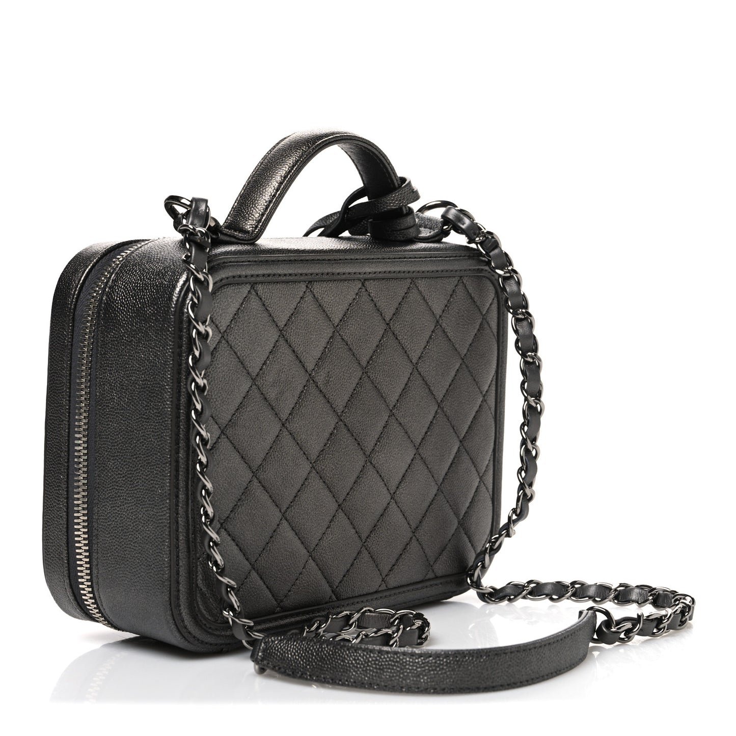 Metallic Caviar Quilted Medium CC Filigree Vanity Case Dark Silver