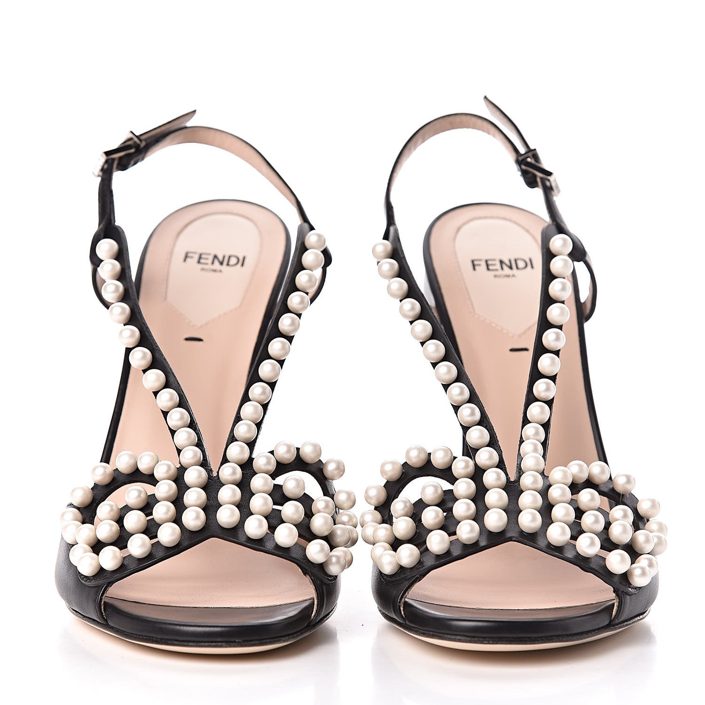 Calfskin Faux Pearl Embellished Bow Ankle Strap Heel 38 Black