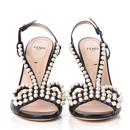 Fendi Calfskin Faux Pearl Embellished Bow Ankle Strap Heel 38 Black 2 of 13