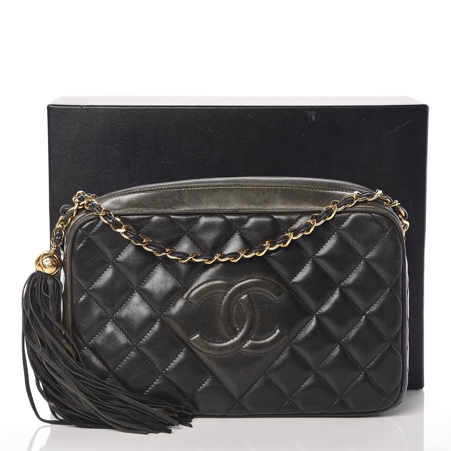 Lambskin Quilted CC Tassel Camera Case Black